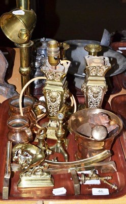 Lot 46 - Brass students lamp, pestle and mortar, brass candlesticks, carved pipe etc