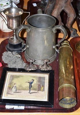 Lot 47 - Pewter tyg, brass telescope, silver trophy cup, pair of dwarf candlesticks, mesh purse and a framed