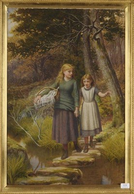 Lot 514 - Attributed to James Barnes (fl.1870-1901) Stepping Stones - Two young girls crossing a stream...