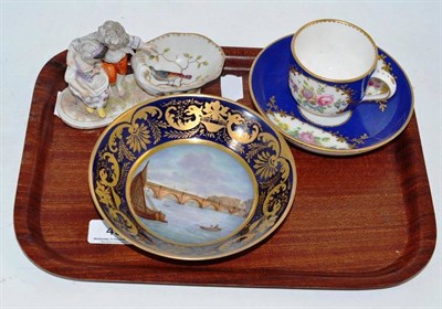 Lot 49 - Derby saucer dish 'Blackfriars Bridge', Meissen figural salt and Sevres rose decorated cup and...