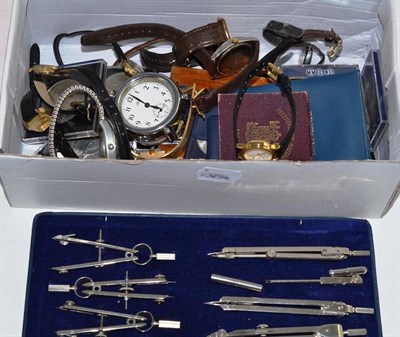 Lot 59 - Two cased drawing sets, assorted commemorative crowns, hinged silver bangle, 9ct gold ladies...