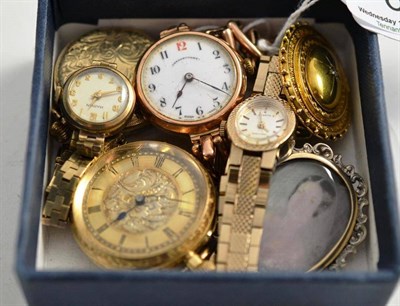 Lot 61 - Two gold cased lady's watches, a wristwatch, two others and two brooches