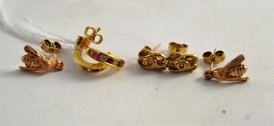 Lot 67 - A pair of 18ct gold ruby and diamond earrings, a pair of looped earrings and a pair of 9ct gold...