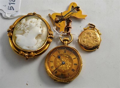 Lot 73 - A lady's gold watch, a locket and a cameo brooch