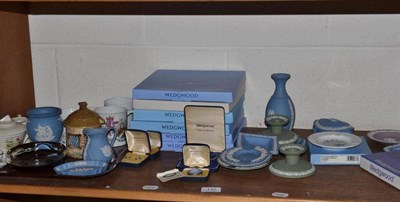 Lot 137 - Nursery teawares, souvenir mugs, Wedgwood Jasper ware trinket trays, plates, jewellery etc