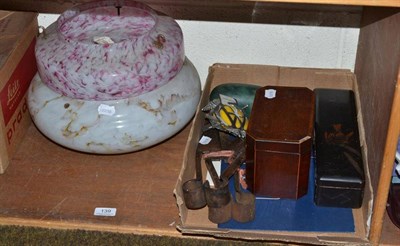 Lot 139 - Mixed collectables including a tea caddy, two Victorian glass dumps, glass light shade, AA...