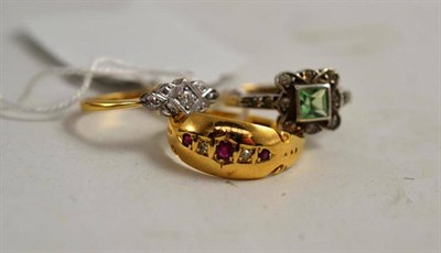 Lot 147 - A ruby and diamond set ring, stamped '18CT', a diamond ring circa 1930, stamped '18CT and PT' and a