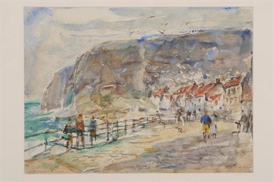 Lot 525 - Rowland Henry Hill (1873-1952) Figures before cottages in Staithes Signed and dated 1948,...