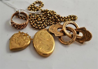 Lot 162 - Two 9ct gold lockets, a keeper ring, a brooch and a belcher chain