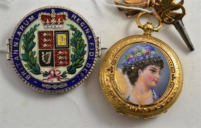 Lot 163 - An 18ct enamel lady's watch (a.f.), a 9ct bow clasp, a key and a Victorian enamel crown brooch