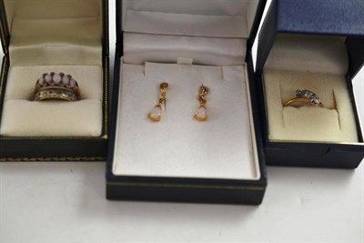 Lot 166 - Pair of 9ct gold opal earrings, gold and platinum ring, opal ring and another