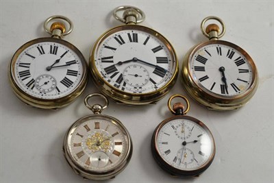 Lot 167 - Three nickel plated pocket watches, gun metal single push chronograph pocket watch and a plated...