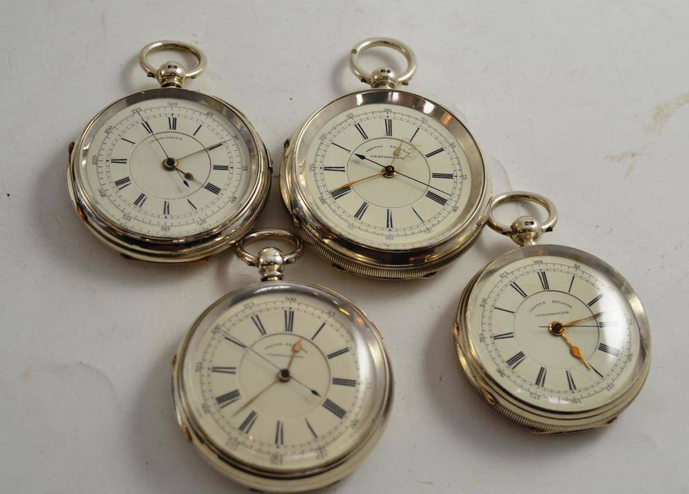 Lot 169 - Four silver chronograph pocket watches, all cases with Chester hallmarks