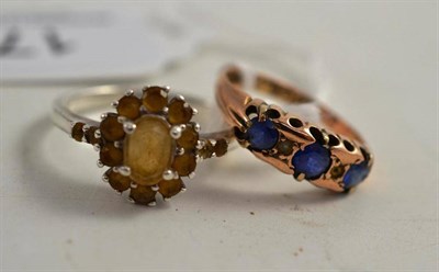 Lot 172 - A 9ct gold sapphire and seed pearl ring (a.f.) and a cluster ring, stamped '925'