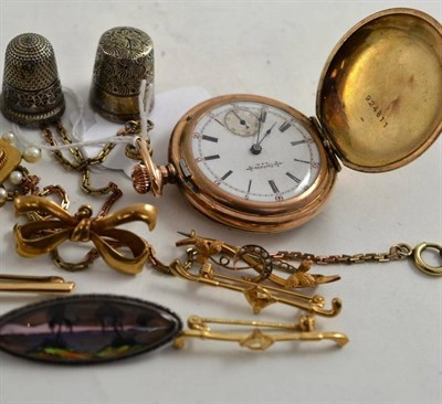 Lot 179 - A silver thimble, another marked 'C.H.', a Fortuna gold plated fob watch on chain, a bow...