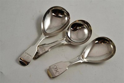 Lot 190 - Three sterling silver caddy spoons; George Unite, Birmingham 1841, George Unite Birmingham 1847, Wm