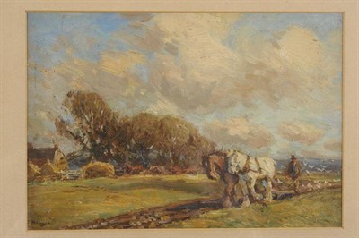 Lot 529 - John Atkinson (1863-1924)  A team of plough horses in a field  Signed, oil on card, 18cm by 26cm