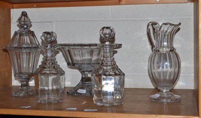 Lot 202 - A cut glass pedestal bowl, confiture cup and cover, similar jug and a pair of decanters and...