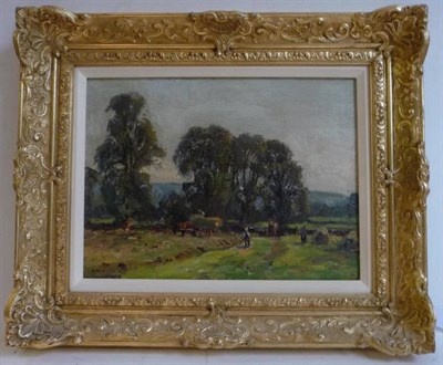 Lot 530 - Herbert F. Royle (1878-1950)   "Near Swing Bridge, Addingham " - figures haymaking in a...