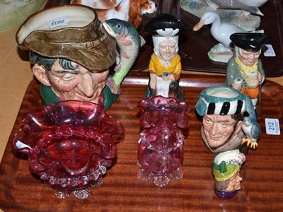 Lot 212 - Four character jugs, Doulton character jug 'The Ugly Duchess', and a cranberry glass jug and...