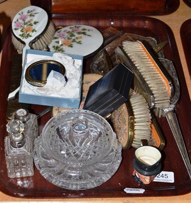 Lot 245 - Silver mounted four piece dressing table set, an enamelled hair brush and mirror, dressing...