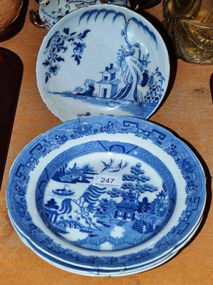 Lot 247 - An 18th century Delft dish and three B Adams willow pattern bowls, and a small Ironstone sauce...