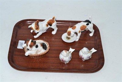 Lot 251 - Pair of Hammersley porcelain condiments modelled as birds and three Royal Doulton terriers