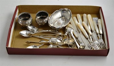 Lot 268 - Two silver salts and spoons, two bon-bon dishes, sugar tongs, ten teaspoons and mother of pearl...