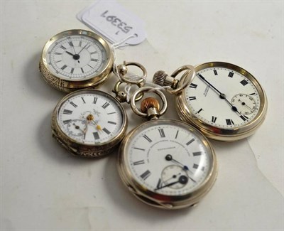 Lot 285 - Silver open faced pocket watch, another and two Continental ladies fob watches