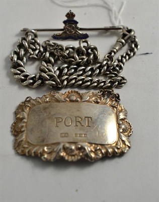 Lot 286 - Silver 'Port' label, silver watch chain and a sterling bar brooch