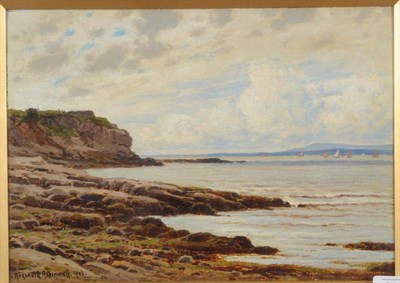 Lot 539 - Reginald Aspinwall ARCamA (1858-1921)  "Heysham Rocks " - fishing boats on Morecambe Bay Signed and