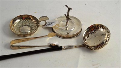 Lot 308 - A punch ladle with baleen handle, a pair of plated tongs, a ring tree and an ash tray