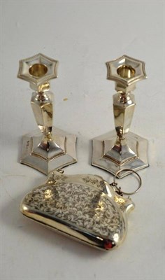 Lot 309 - A pair of silver loaded candlesticks and a silver purse