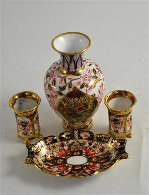 Lot 314 - Pair of miniature Royal Crown Derby vases (6.5cm), an oval dish and a vase