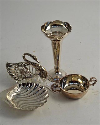 Lot 317 - A silver swan and glass dish, silver shell dish, silver posy vase, silver twin-handled bowl