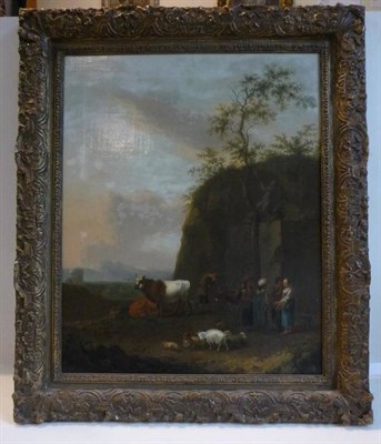 Lot 541 - Follower of Berchem (1620-1683)  Figures and animals beside a rock  Oil on canvas, 64.5cm by 51.5cm