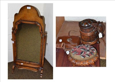 Lot 326 - A walnut toilet mirror, Victorian beadwork stool, a tankard and a camera