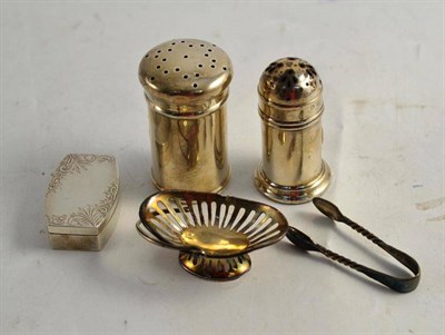 Lot 342 - Two silver pepperettes, a silver pill box, silver miniature basket and Continental tongs