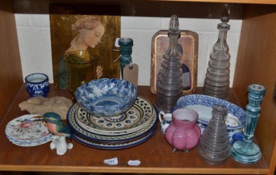 Lot 344 - Assorted pottery, glass decanters, candlesticks, two Icons etc (one shelf)