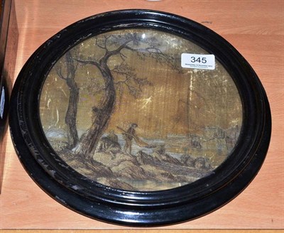 Lot 345 - An 18th century silkwork embroidery of fishermen in an ebonised circular frame