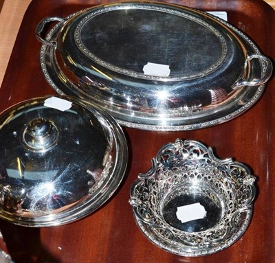 Lot 350 - A small silver stand, plated muffin dish, an entree dish and a bonbon dish