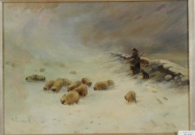 Lot 544 - Arthur Perigal Jnr RSW, RSA (1816-1884)  A flock of sheep and shepherd in heavy snow  Signed,...