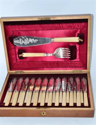 Lot 355 - A set of plated fish knives and forks and servers, cased