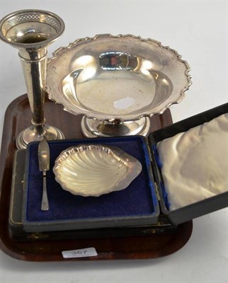 Lot 357 - Loaded silver vase, butter dish, knife, a plated footed dish and plated teaspoons