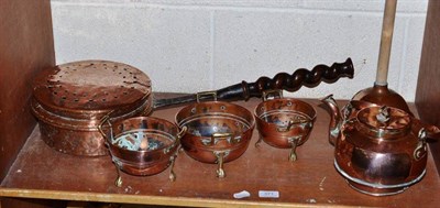 Lot 371 - A collection of copper including three sieves, warming pan, etc