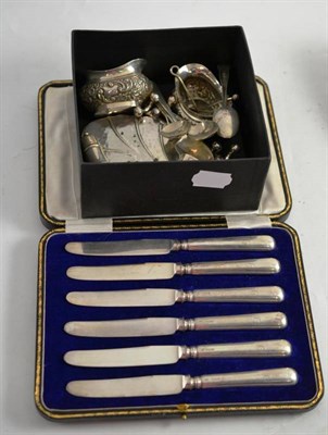 Lot 375 - Silver knives (cased), salts, knife rests etc