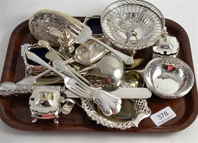 Lot 378 - Assorted silver pin dishes, flatware, place name marker, plated cutlery etc