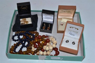 Lot 380 - Assorted beads, 9ct gold earrings etc