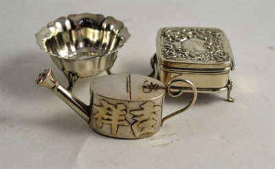 Lot 410 - A silver ring box, salt, oriental, silver metal watering can