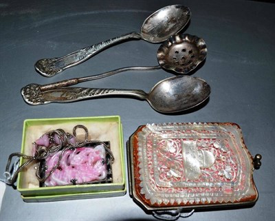 Lot 416 - Three metal spoons, lady's card case, pink stone pendant in box